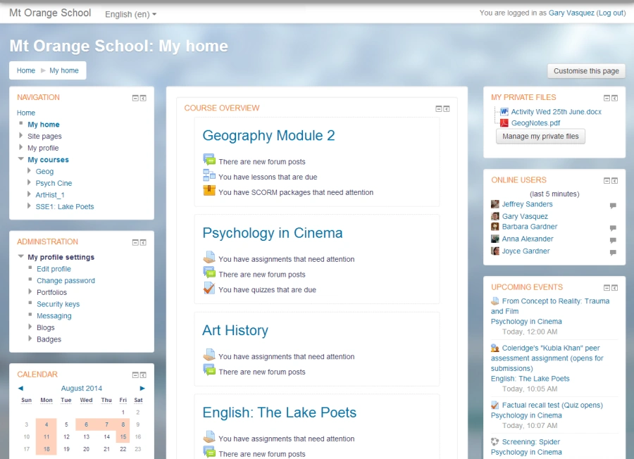 Moodle LMS student example screen